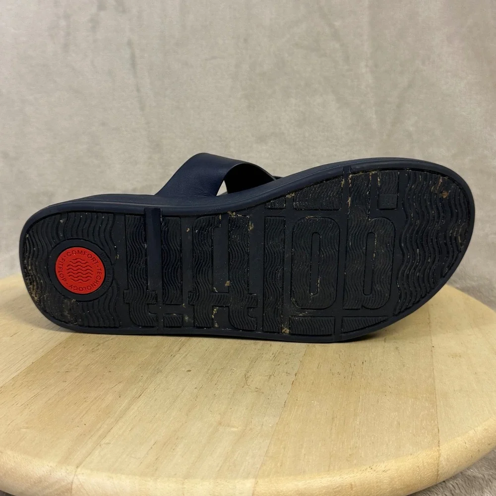 FitFlop Lulu Navy Leather Wedge Sandals Thong Platform FW4-399 Womens 9